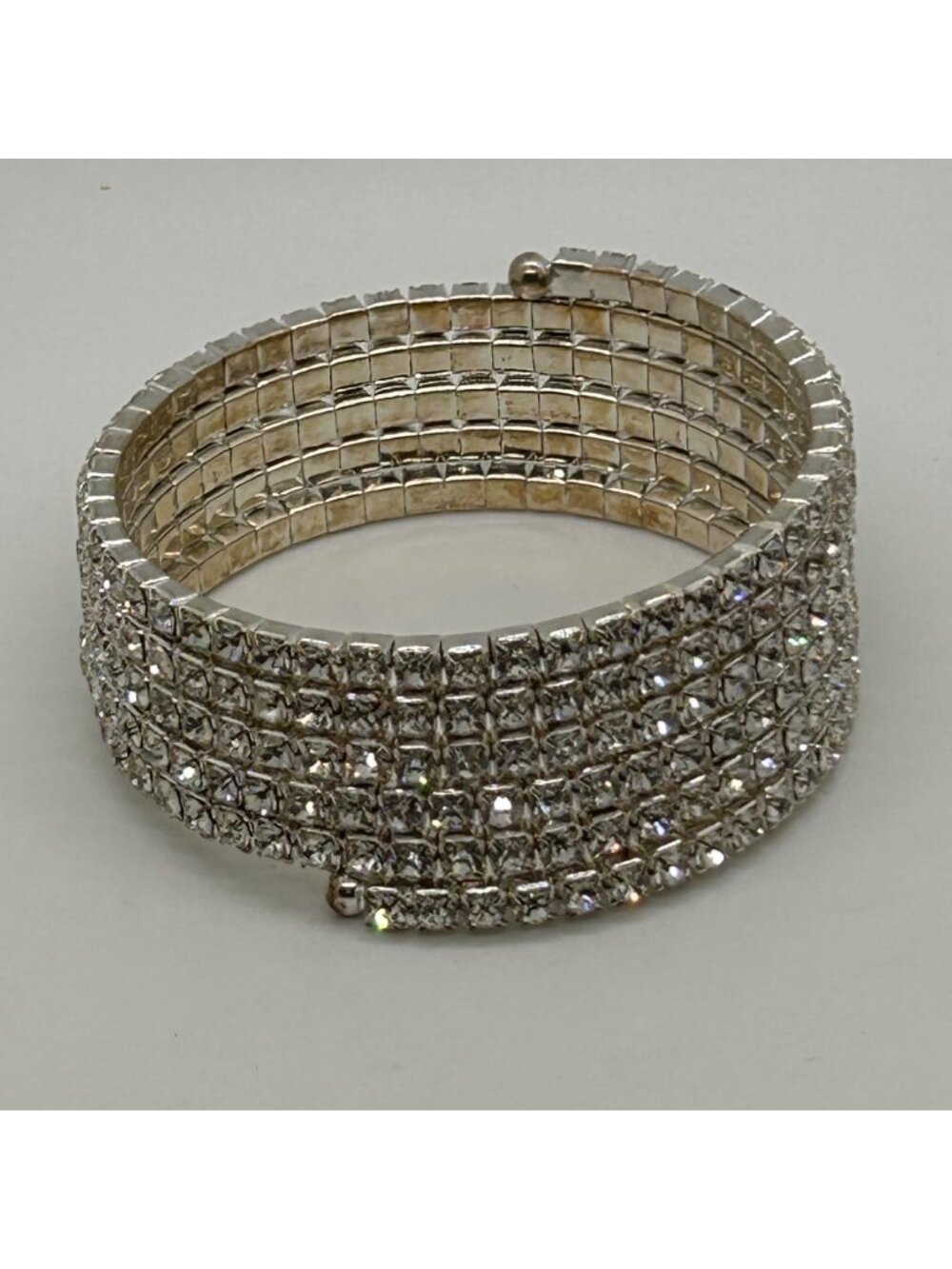 Vintage Clear Rhinestone Bracelet Memory Wire Wrap Silver Tone Statement